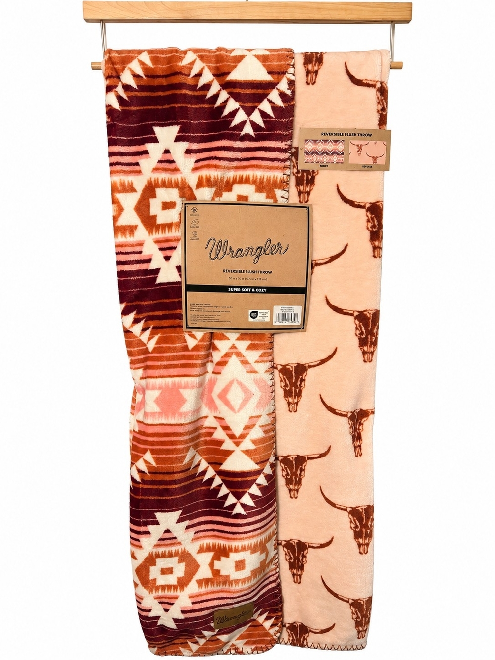 NWT Wrangler Pink Longhorn Reversible Western Southwestern Throw Blanket 50x70